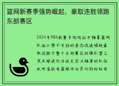 篮网新赛季强势崛起，豪取连胜领跑东部赛区
